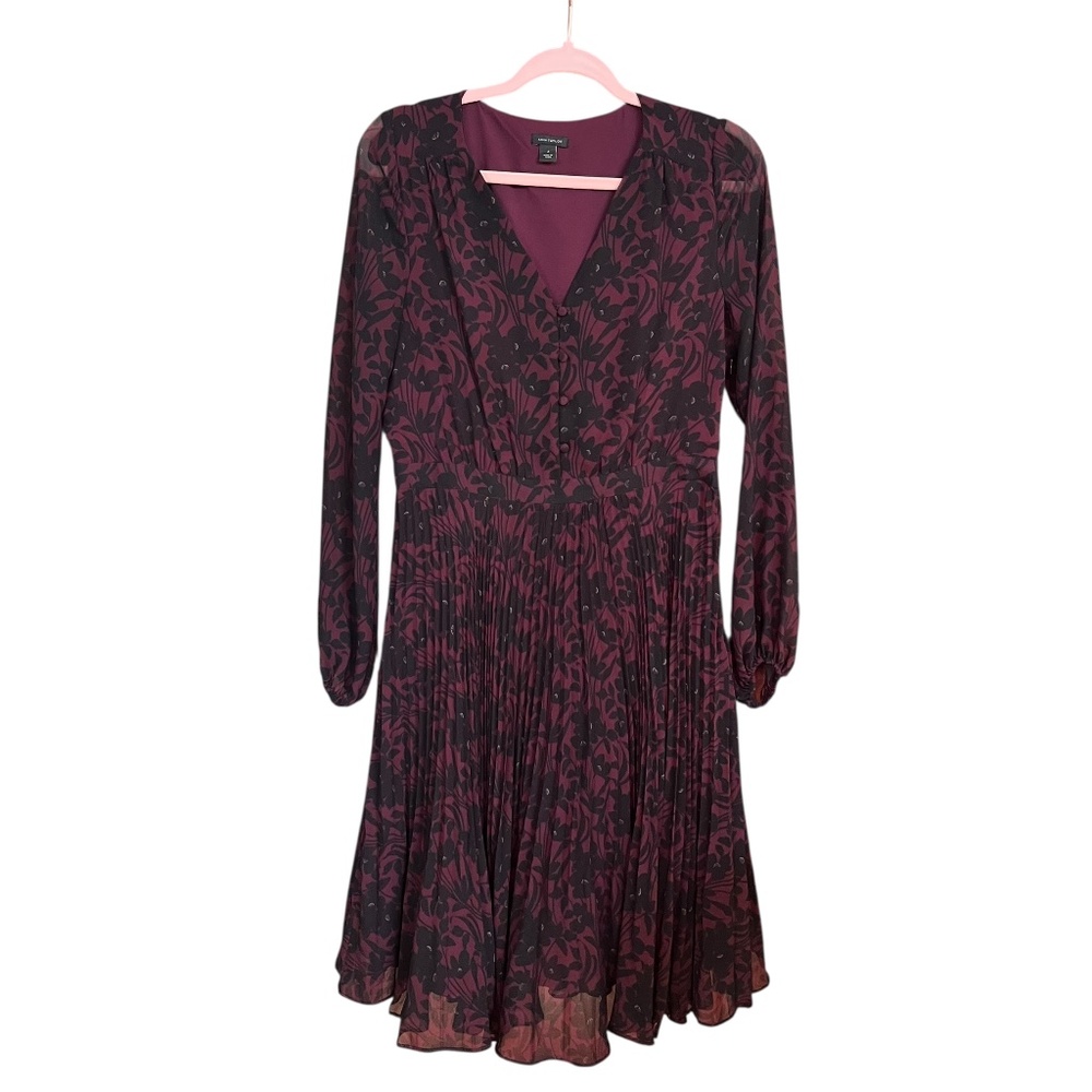 Ann Taylor Burgundy & Black Floral Chiffon Long Sleeve Pleated Midi Dress Sz 4